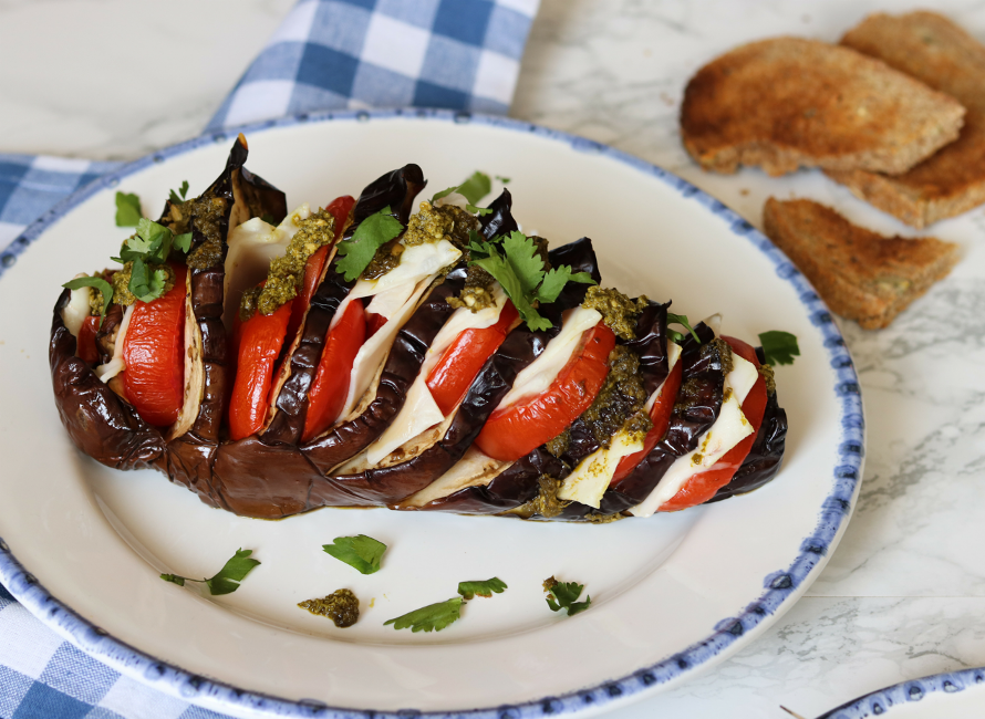 Baked Eggplant With Mozzarella, Tomato & Pesto