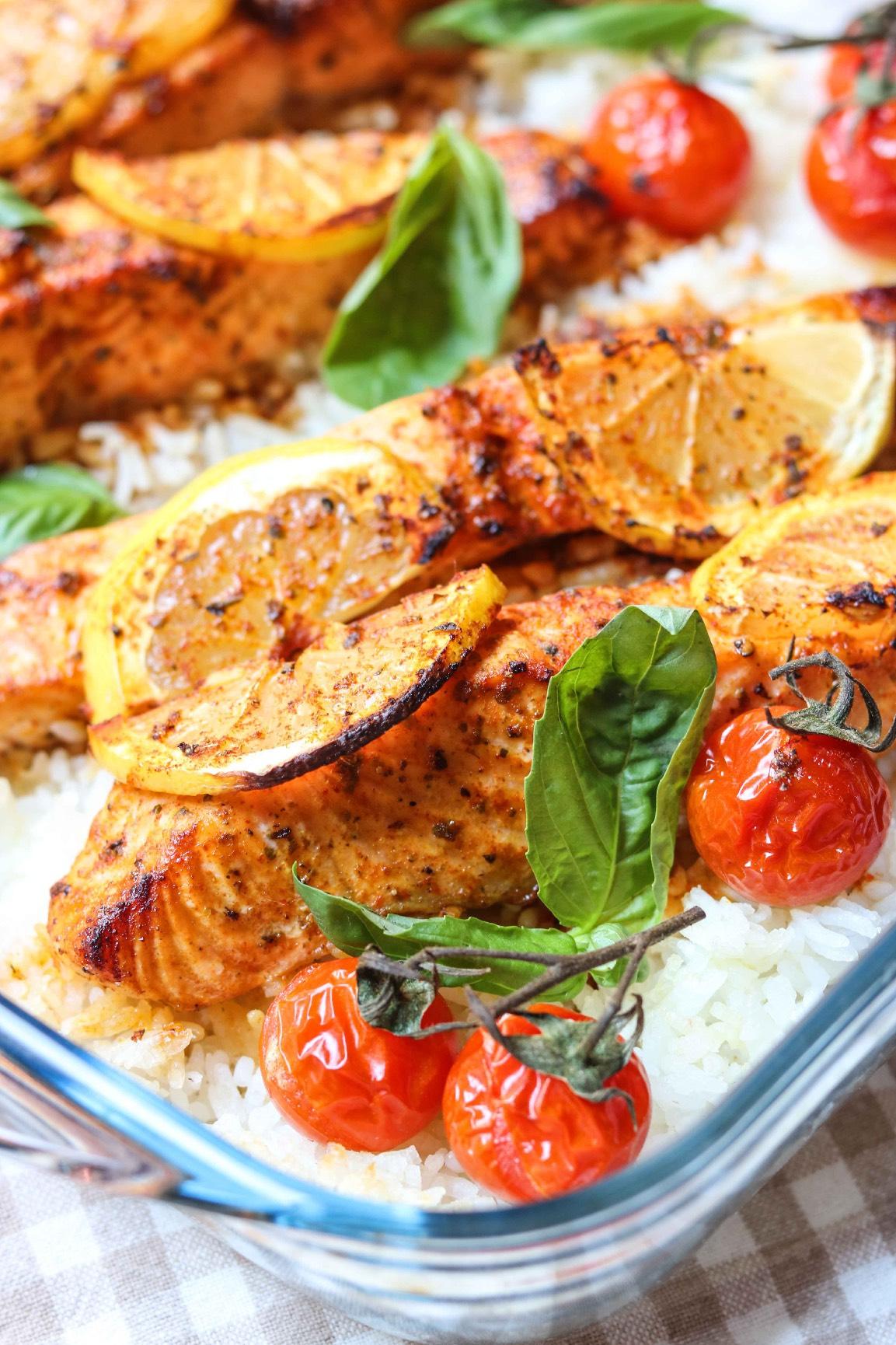 Baked Salmon Tray With Rice & Tomatoes