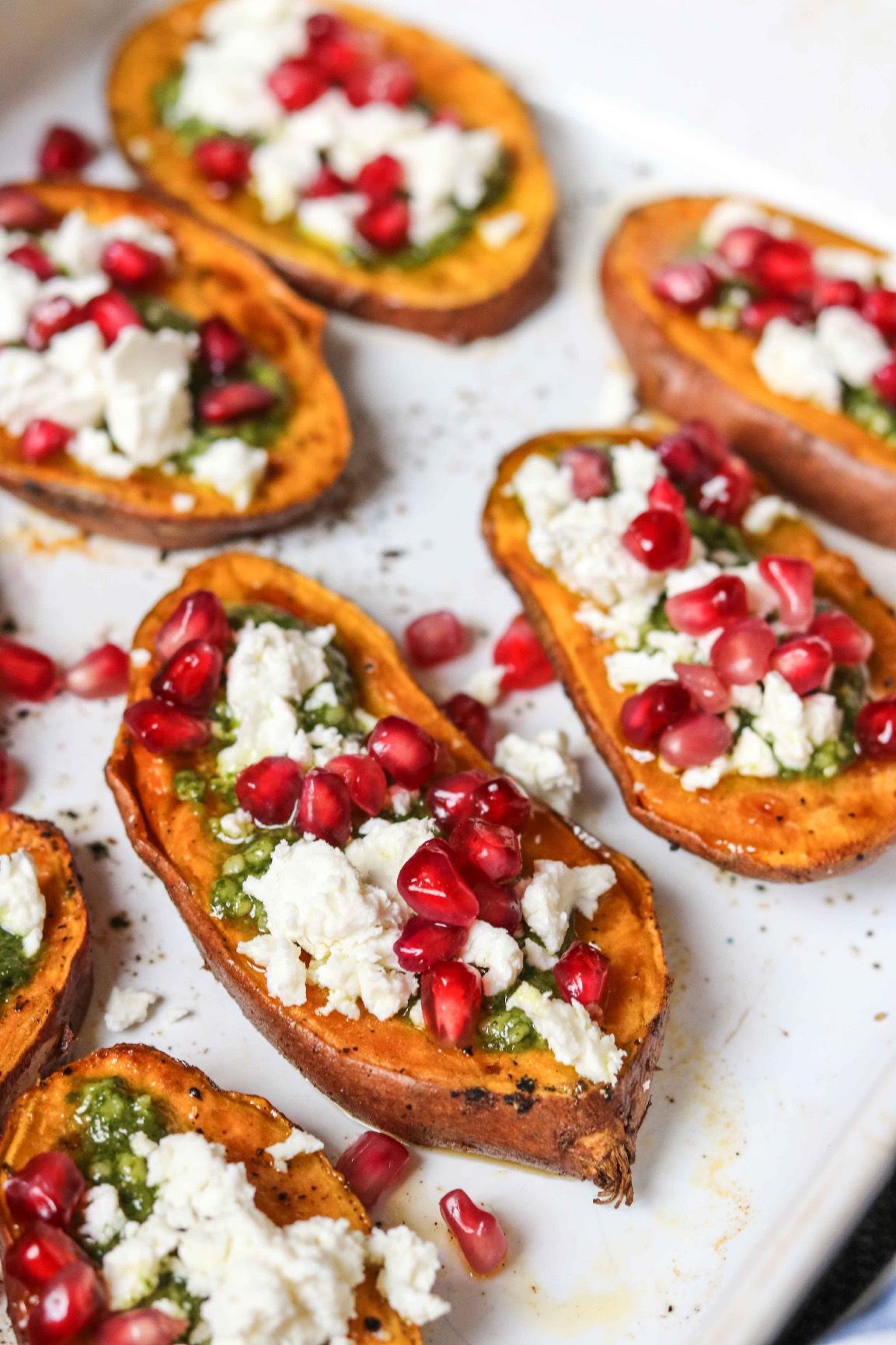 Baked Sweet Potato With Feta, Pesto & Pomegranate