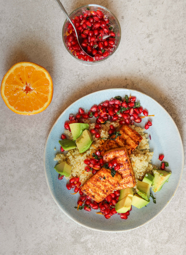 Quinoa Salad With Chili Tofu & Pomegranate Relish